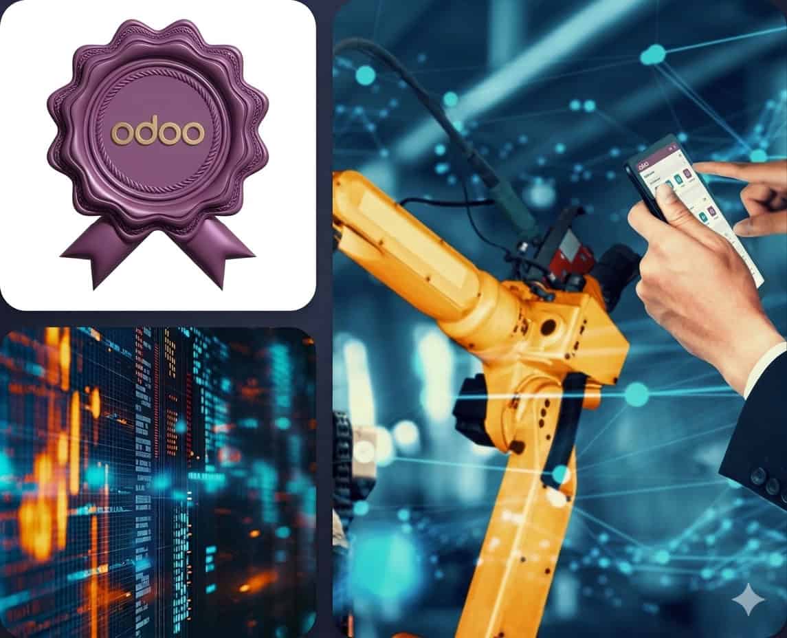 Manufacturing 9 Huy hiệu sản xuất tự động hóa với robot và công nghệ số.