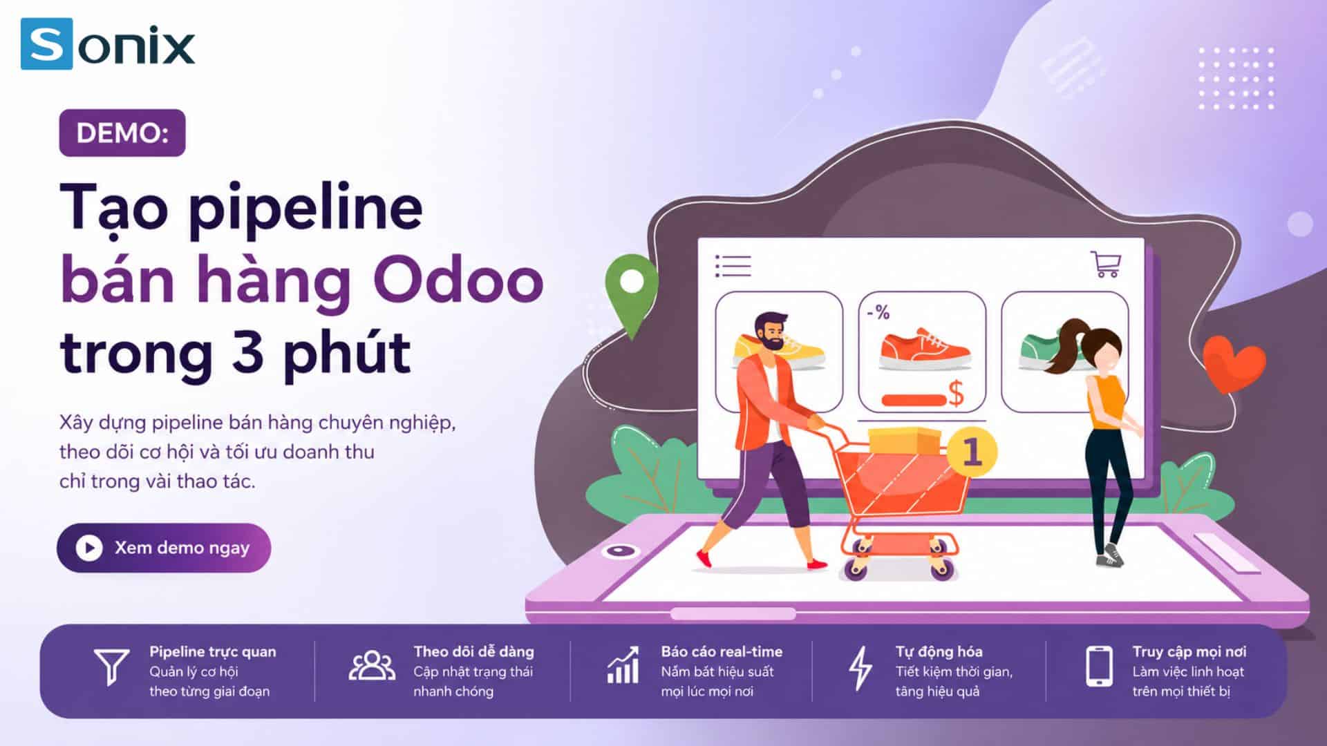 Illustration of building an Odoo sales pipeline in 3 minutes on a mobile device.