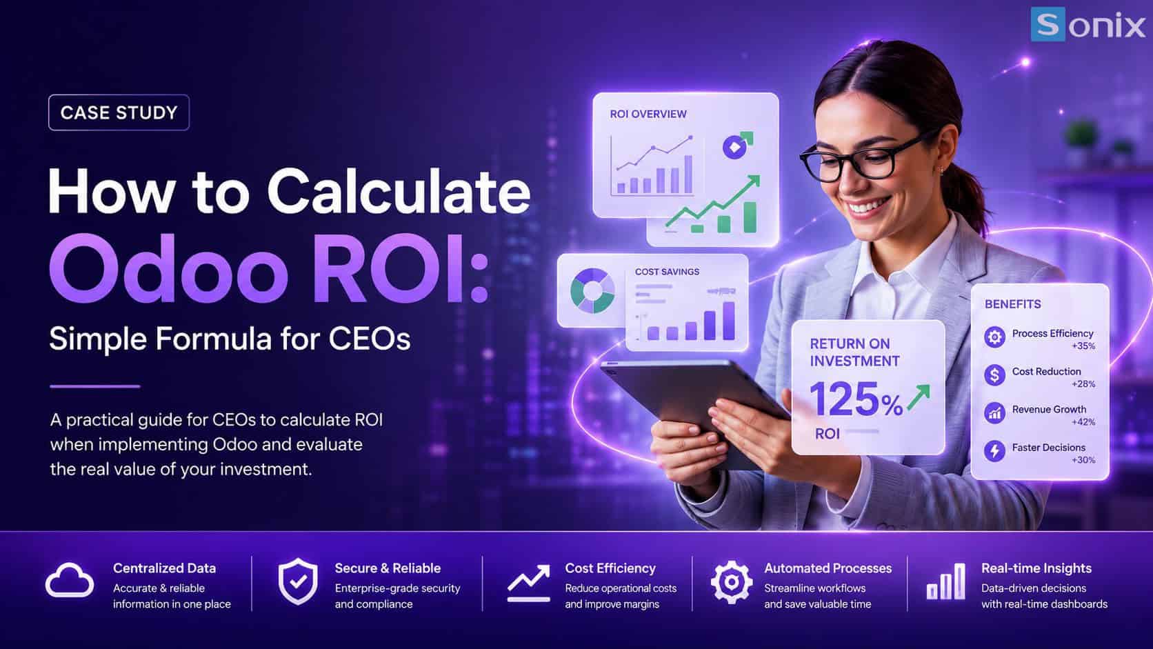 Hình ảnh chuyên gia nữ cầm máy tính bảng về tính toán ROI Odoo.