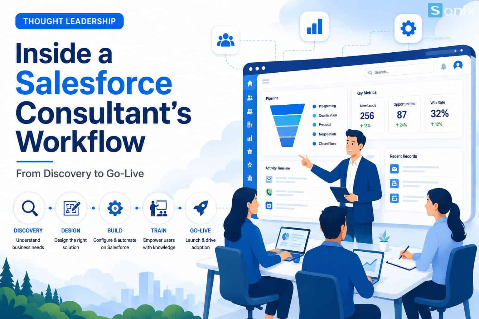 Hình ảnh mô phỏng quy trình làm việc của tư vấn Salesforce trong môi trường doanh nghiệp.The standard workflow of a Salesforce Consultant: from the initial Discovery phase to project handover