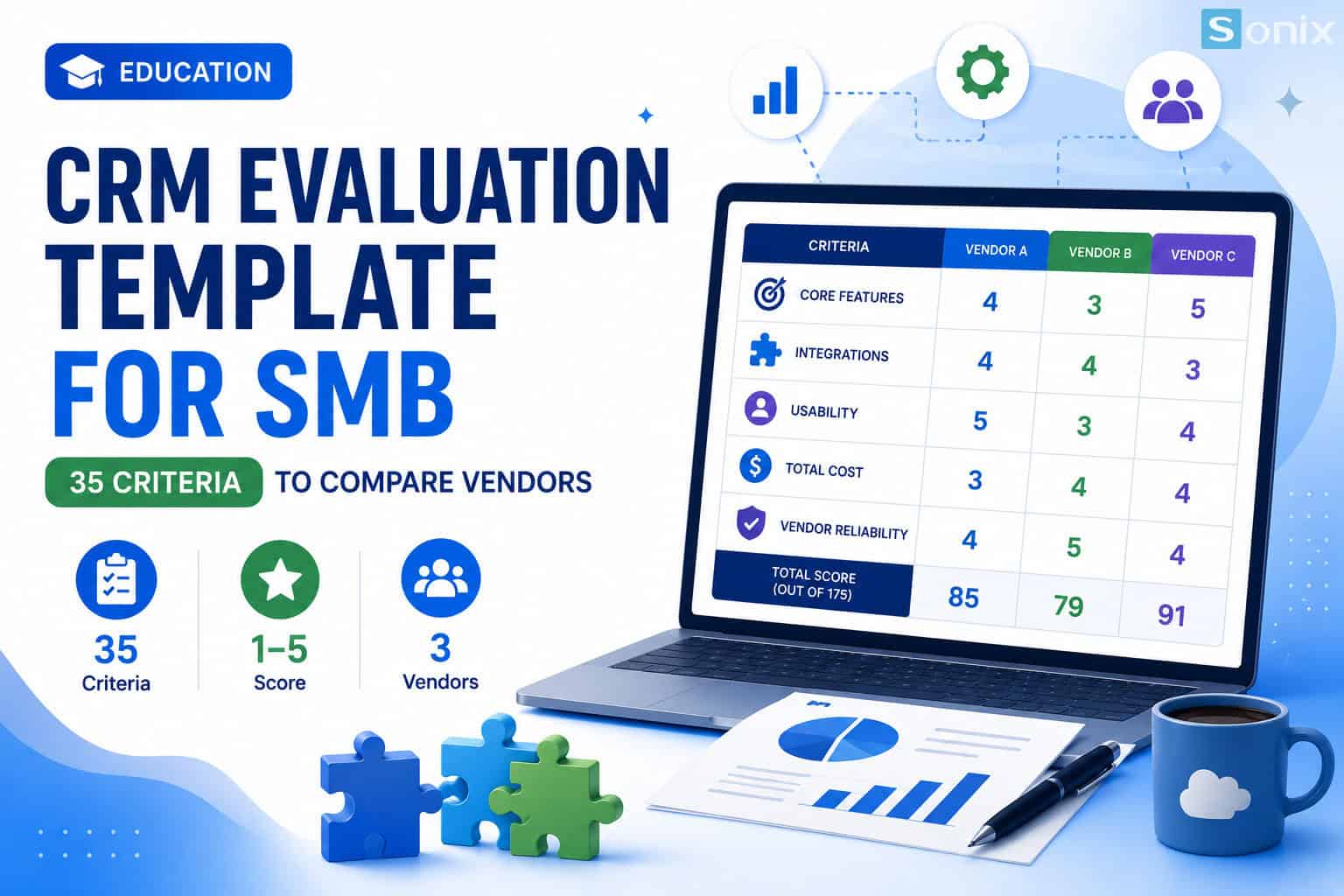 Mẫu đánh giá CRM cho SMB với 35 tiêu chí so sánh nhà cung cấp.