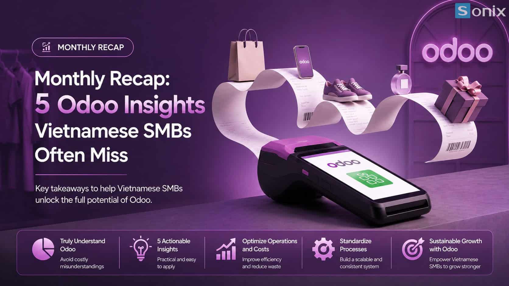 Hình ảnh sản phẩm Odoo và các phụ kiện liên quan trong không gian làm việc hiện đại.