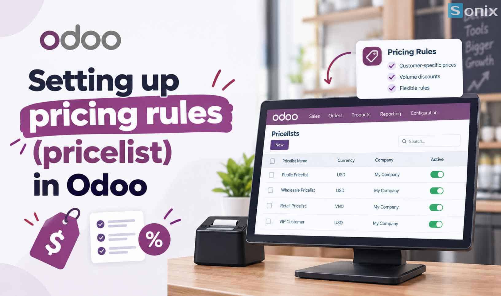 Hình ảnh thiết lập quy tắc định giá trong Odoo trên màn hình máy tính.