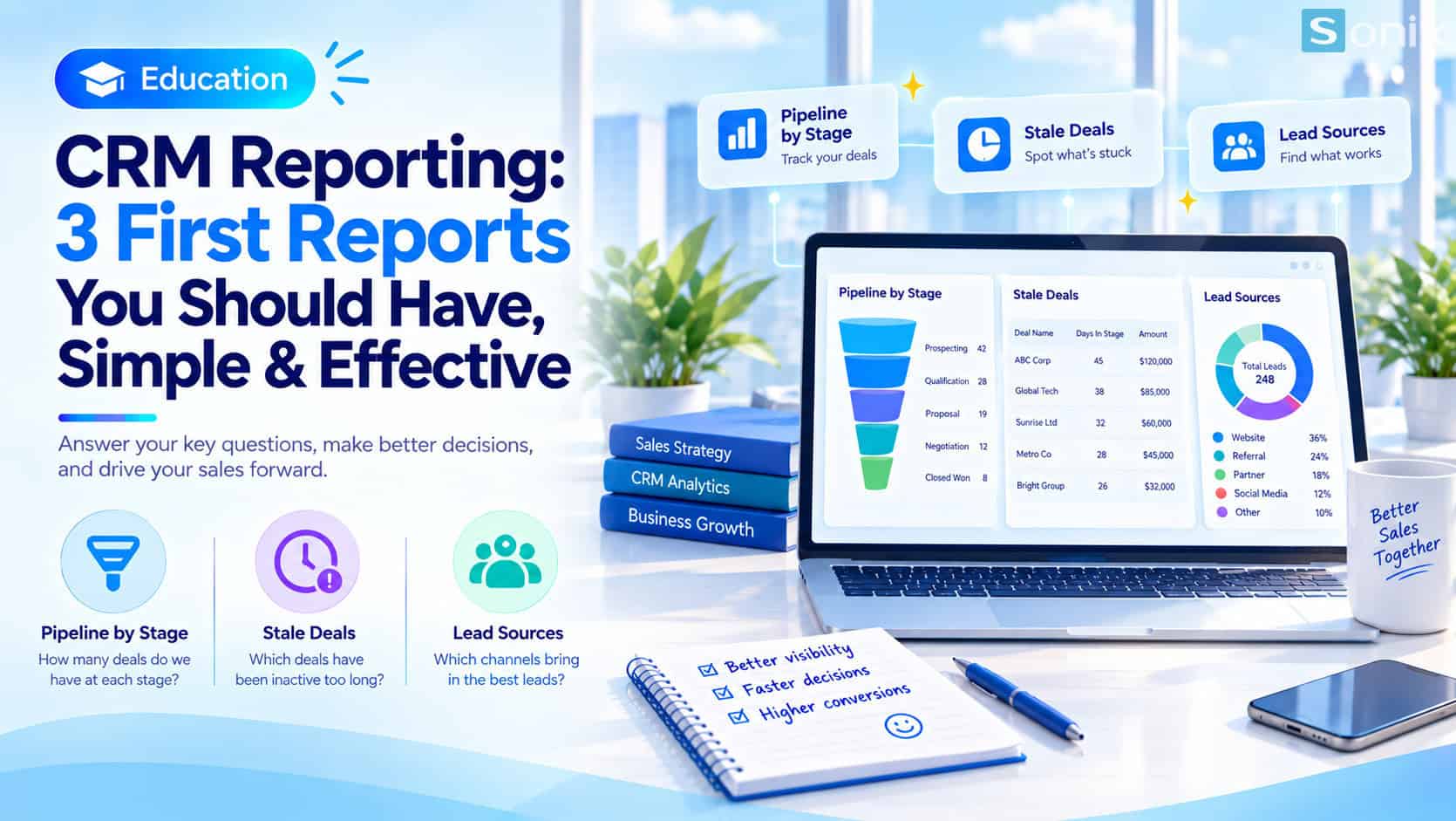 The first three CRM reports: pipeline by stage, stalled deals and best-performing lead sources.