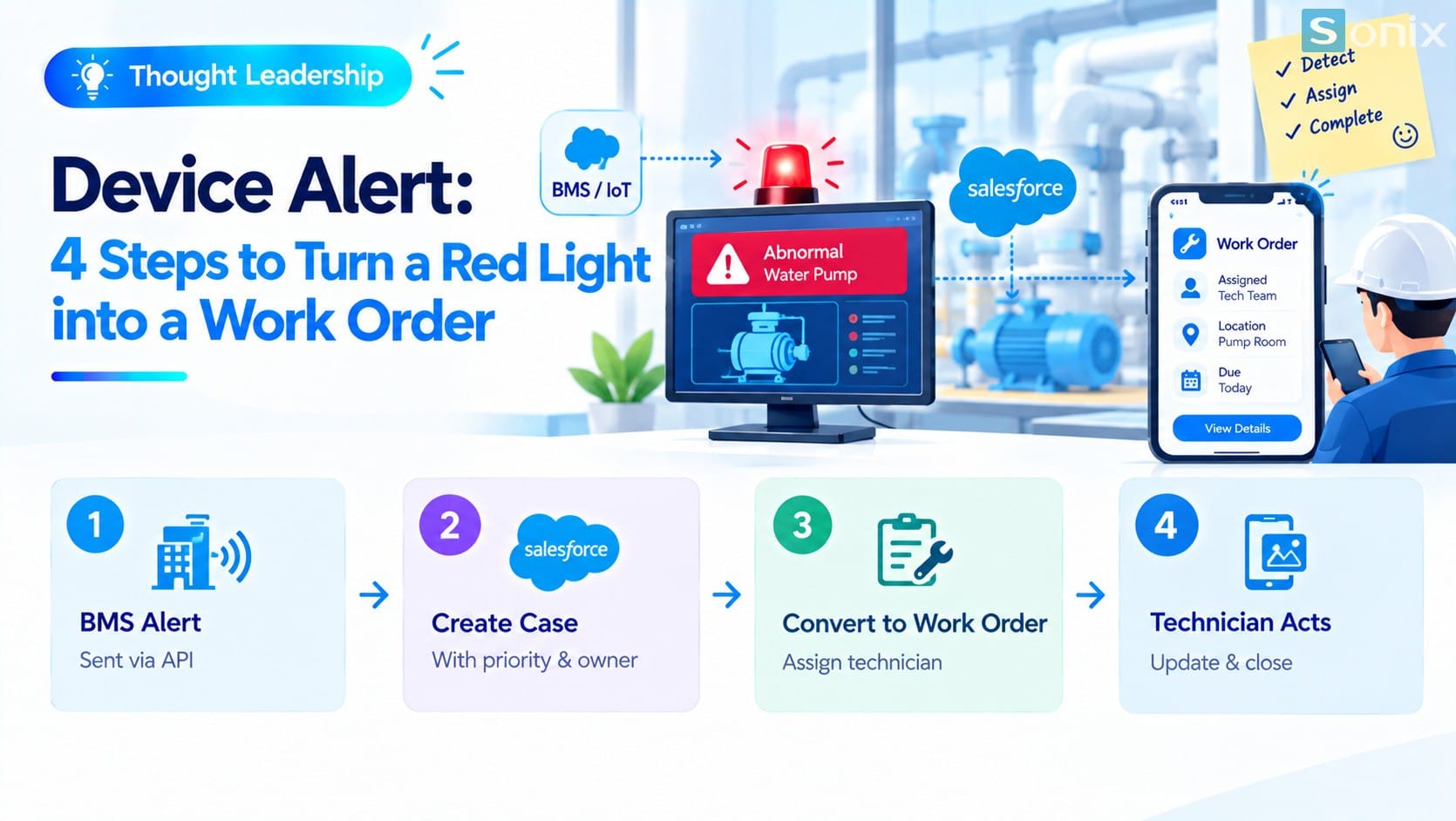The flow from BMS and IoT alerts to Case, Work Order and sign-off.