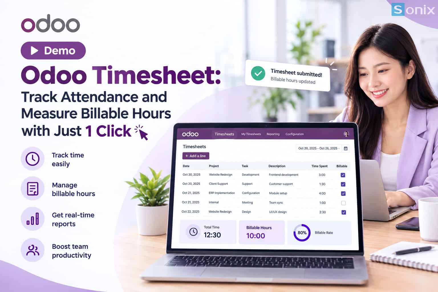 Giao diện phần mềm Odoo Timesheet theo dõi giờ làm và đo lường Billable Hours.