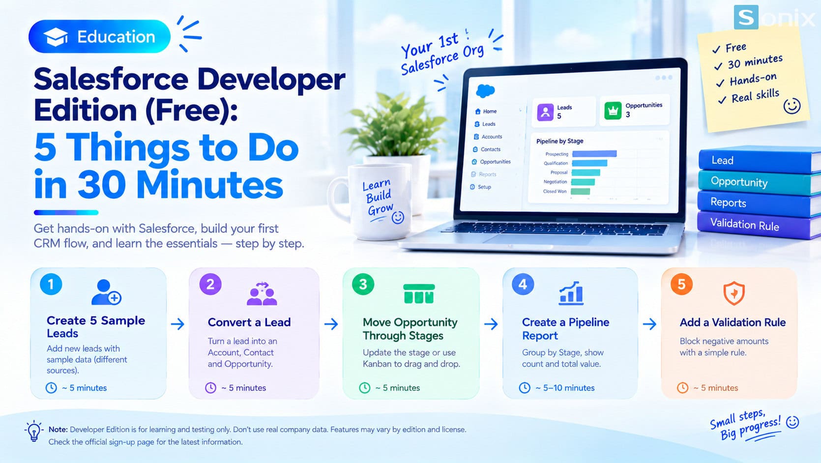Five things to do in your first 30 minutes on a free Developer Edition org.