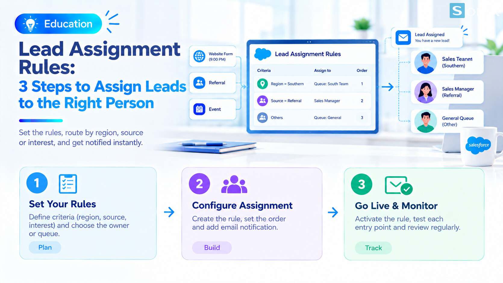 A diagram for routing new leads by region and source with lead assignment rules.