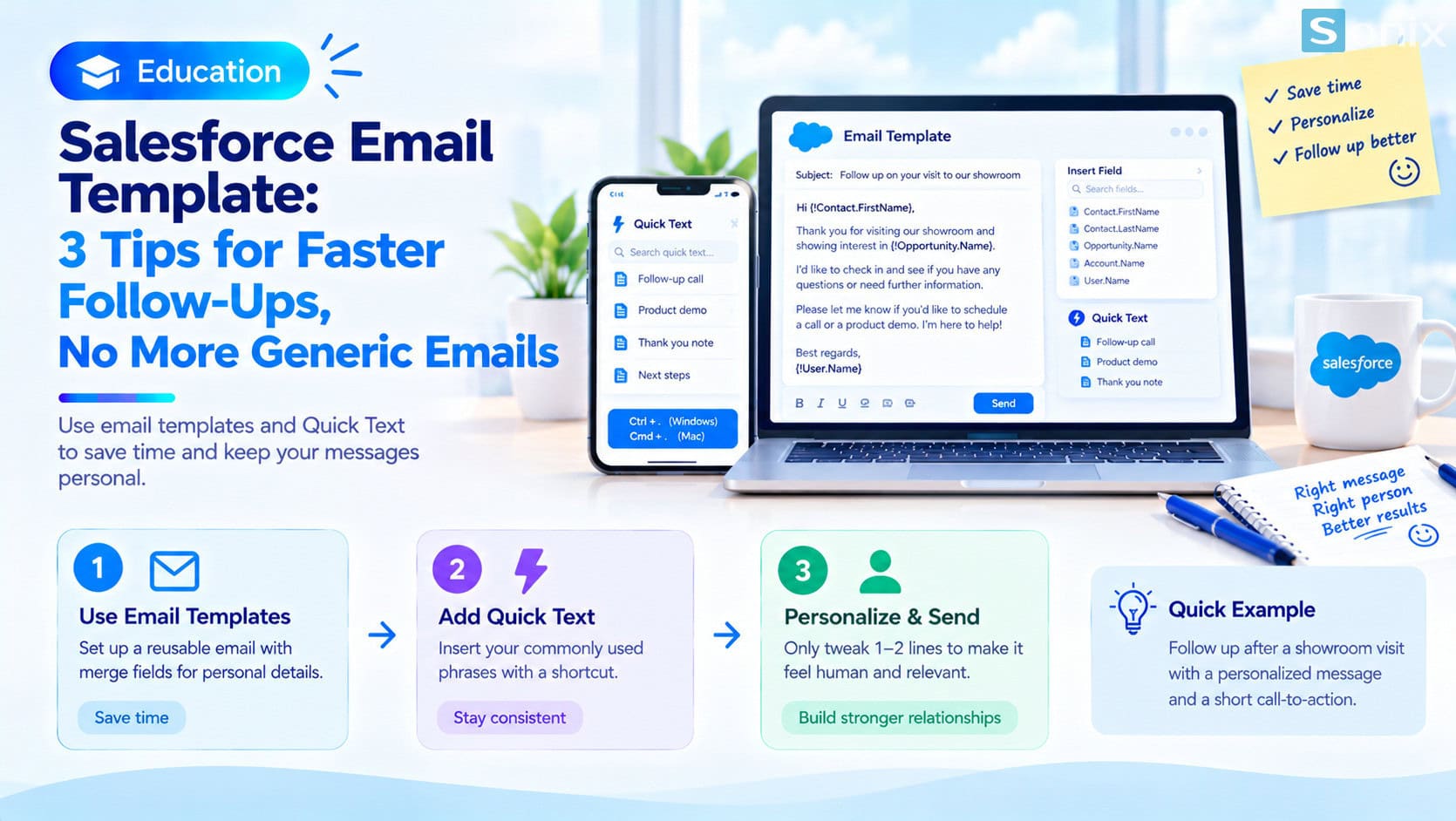 The Email template handles the frame, Quick Text handles the common phrases, and you adjust one or two sentences for the recipient.