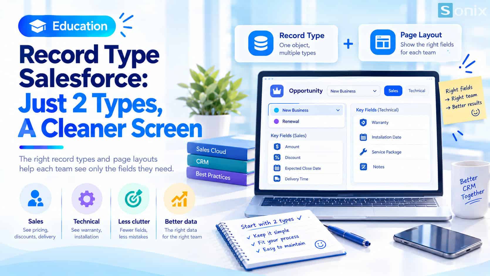 The CRM screen before and after tailoring with page layouts and record types.